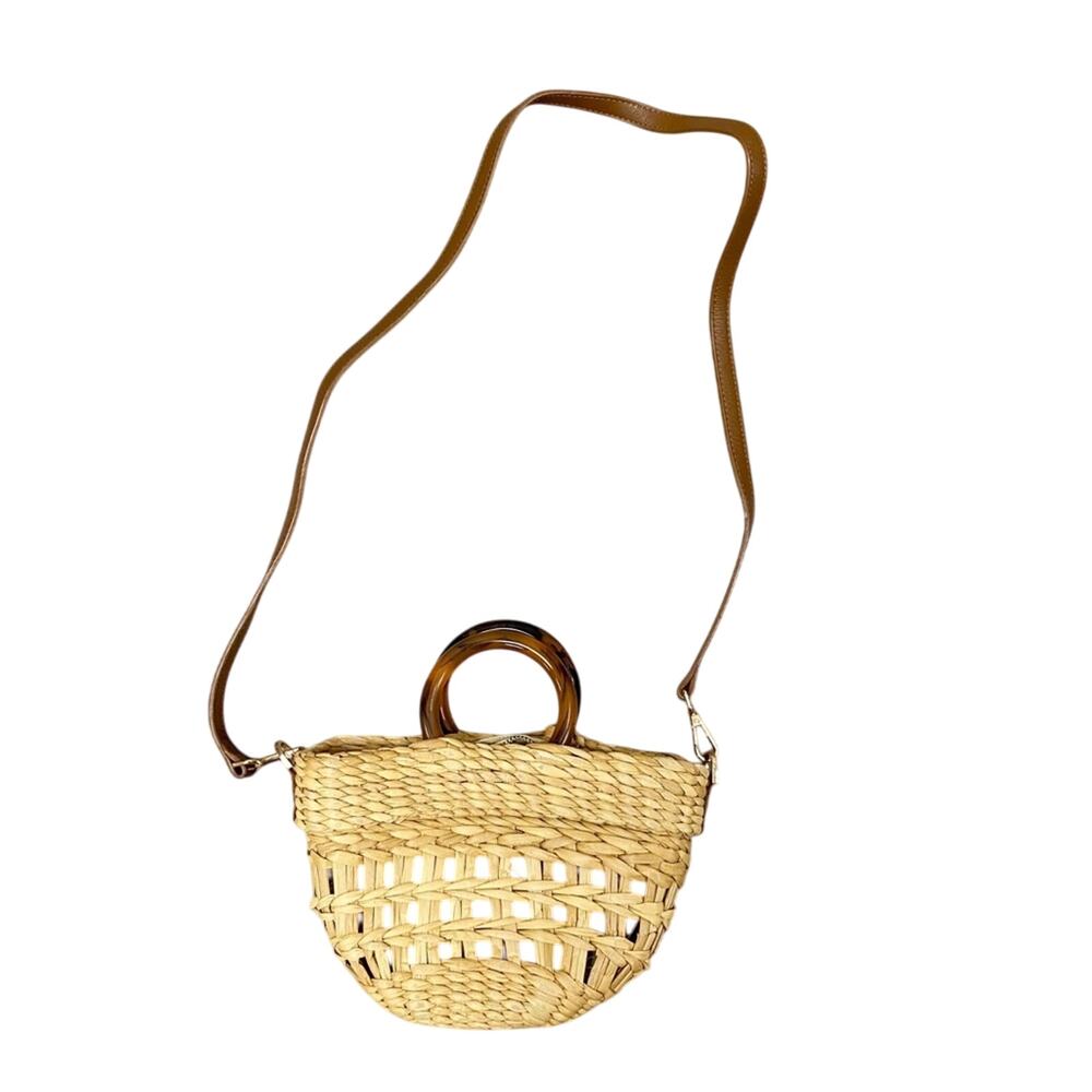 Poolside Woven Straw Basket Crossbody Bag Tortoise Handles